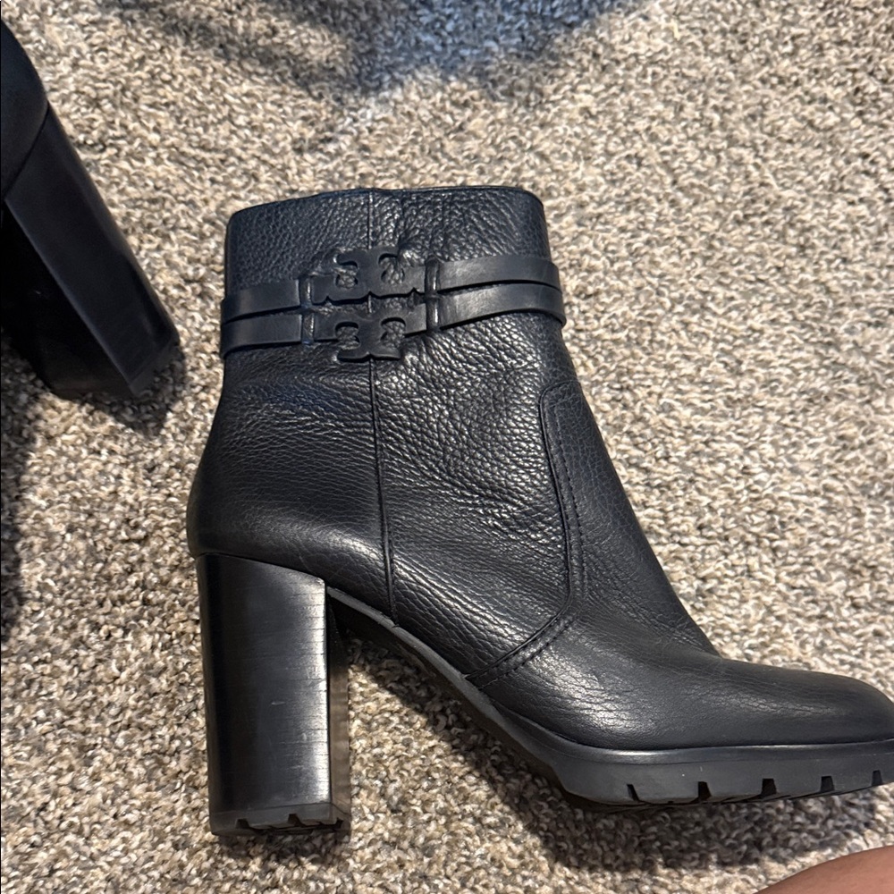 Tory Burch Black Leather Block Heel Ankle Boot with Logo Strap - Picture 7 of 7
